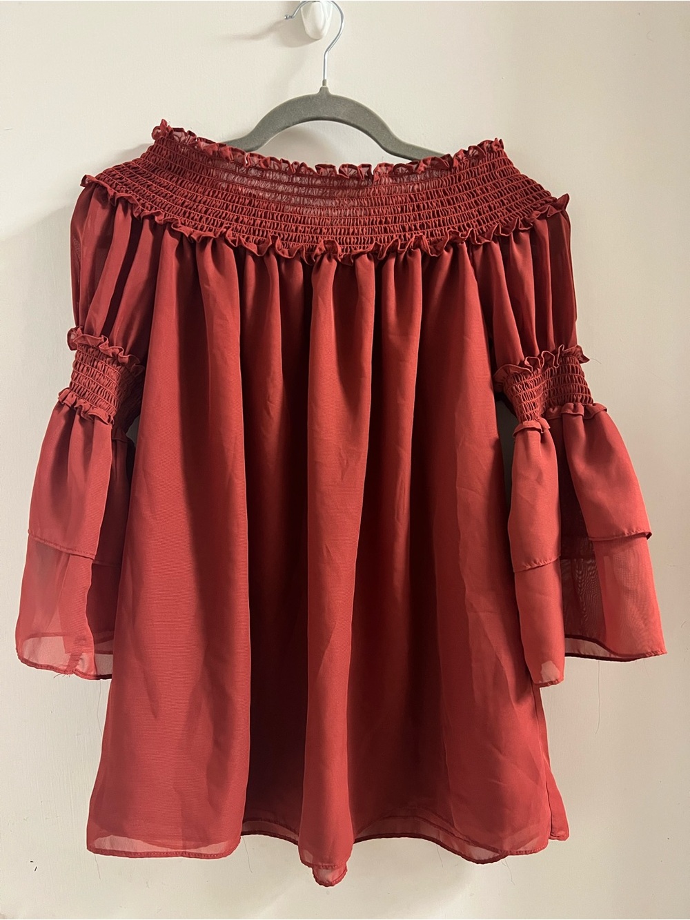 Max Studio Off-the-Shoulder Tiered Sleeve Blouse in Red Adobe